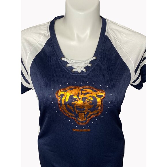 Chicago Bears NFL Womens XL Majestic Navy Blue Draft Me Sequin T-Shirt NEW - Picture 1 of 11